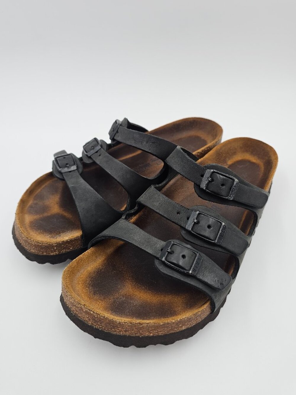 Birkenstock Florida Soft Cork Black Leather Strap Sandals Women Size 37 US 6-6.5